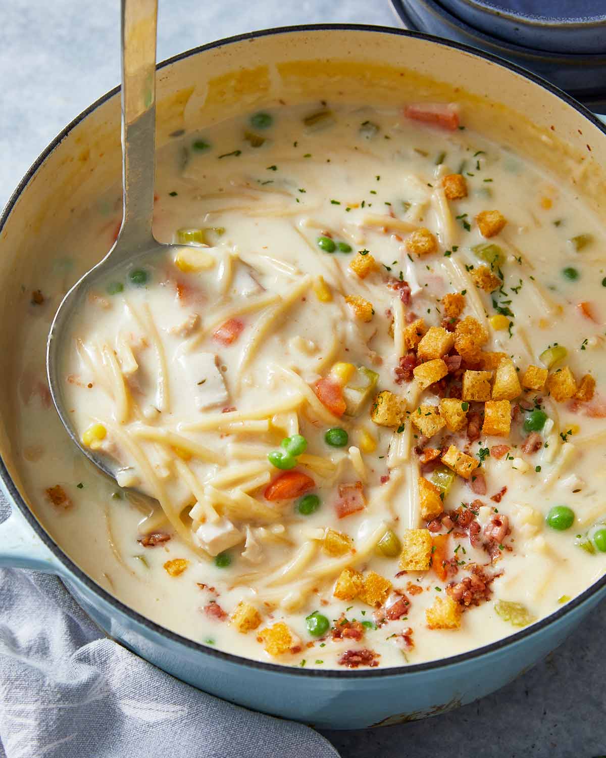 Creamy chicken noodle soup with mini croutons