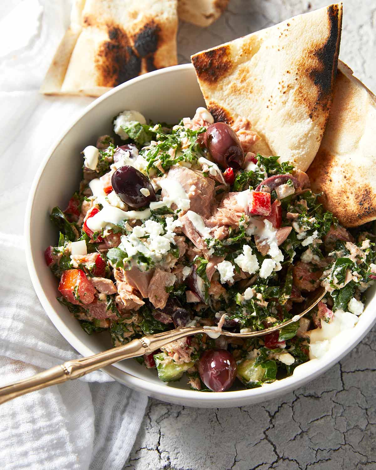 Mediterranean tuna salad with creamy feta dressing