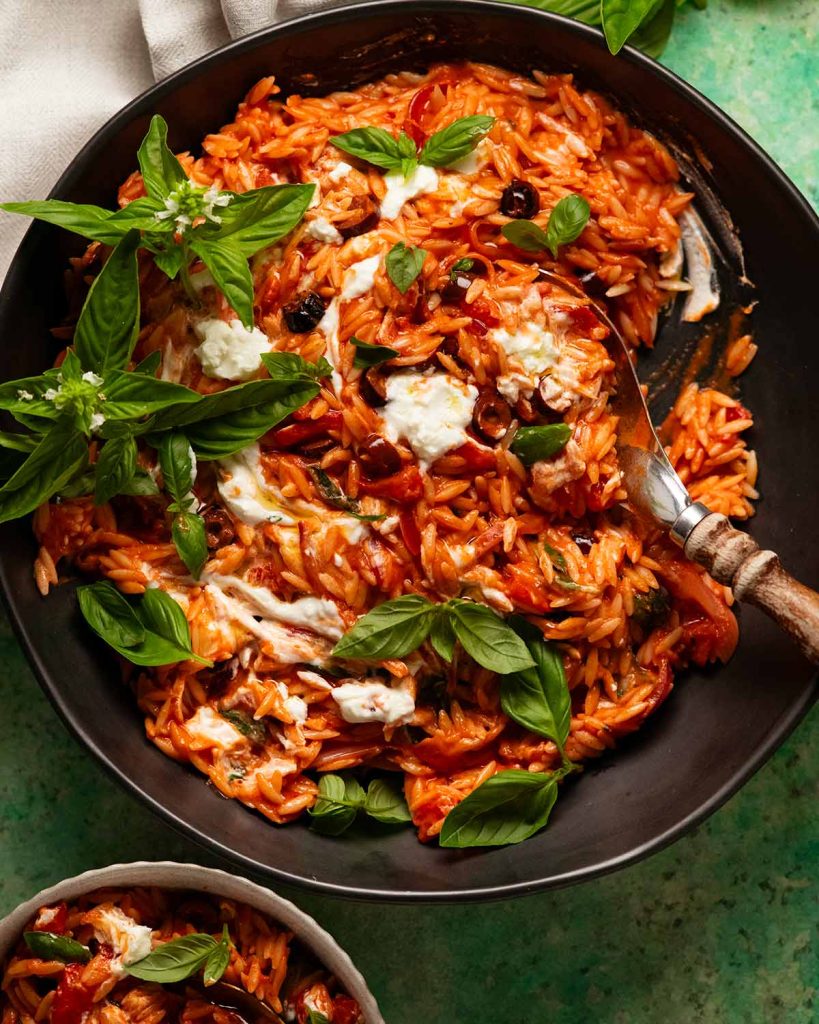 Creamy Goat Cheese & Roasted Red Pepper Risoni (orzo)